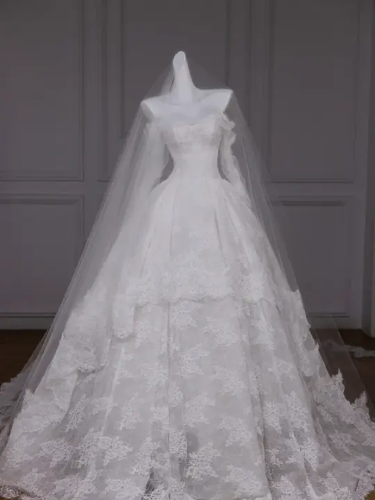 White one-shoulder lace slim waist puffy skirt long dress bridal dress R5789