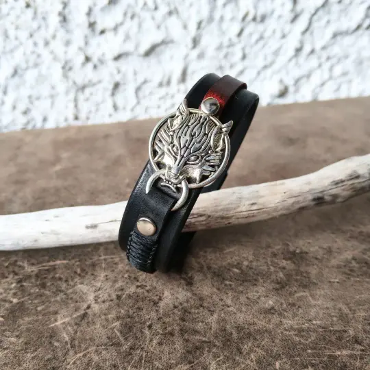 Black Leather Wolf Cuff Bracelet – Oxblood Red and Silver