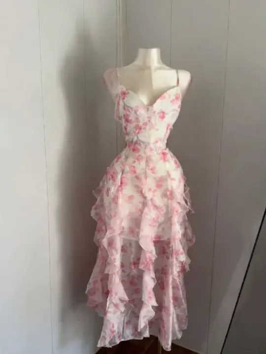 Charming Floral Prom Dress ,A-Line Spaghetti Straps Tulle Corset Maxi Summer Dress Cami Dress RS1144