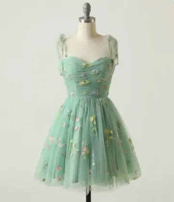 Green Floral Homecoming Dress , CottageCore Flowy Corset Mini Summer Dress RS1438