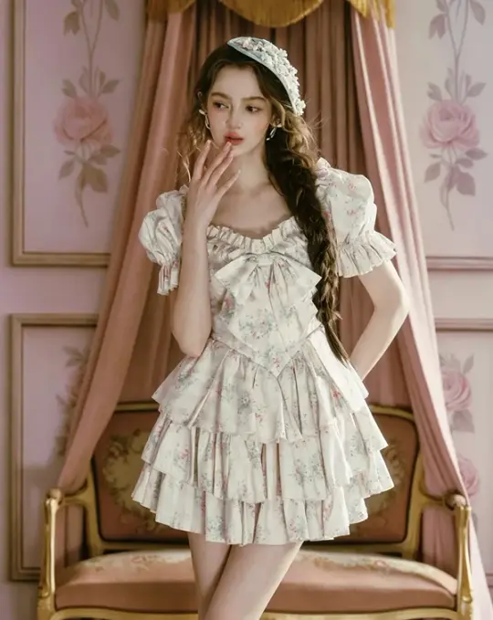 Romantic Princess Tiered Mini Dress Square Neck Ruffle Bow Floral Print Cotton R9190