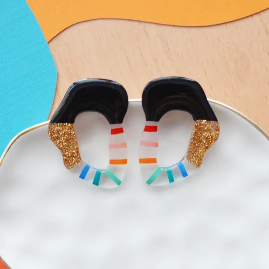 Rainbow and Gold Glitter Stripe Squiggle Hoop Post Stud Earrings