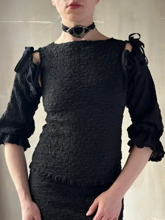 Spring'26: Detached Half Sleeve Top in Textured Black Cotton (In Stock)