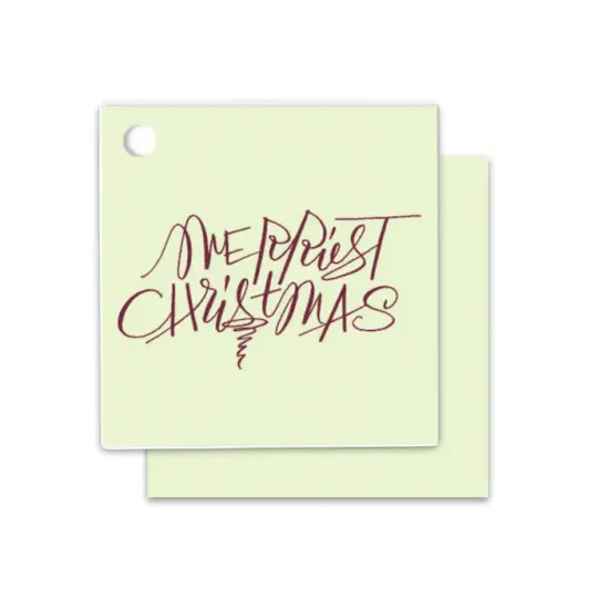 "Merriest Christmas" Burgundy on Mint Foil Holiday Square Gift Tags, Set of 15