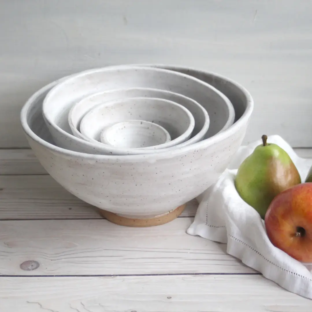 Rustic Modern Set of Nesting Bowls in White Matte Glaze Speckled Pottery Made in USA