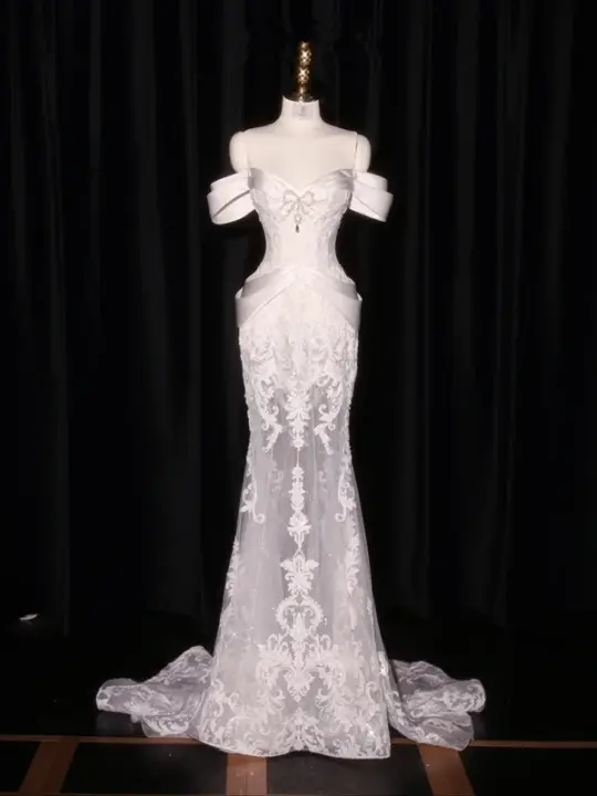 White off-the-shoulder fitted waist bodycon long ball gown/bridal dress R8928
