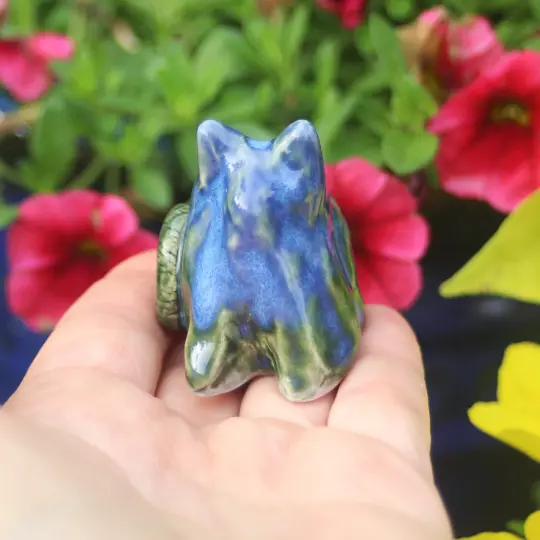 Tiny Cat Sculpture in Blue and Green Glaze, Handcrafted Ceramic Cat figurine, Made in USA