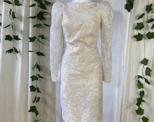 Vintage Jim Hjelm 100% Silk Lace Wedding Dress – Elegant Long-Sleeve Gown with Open Back