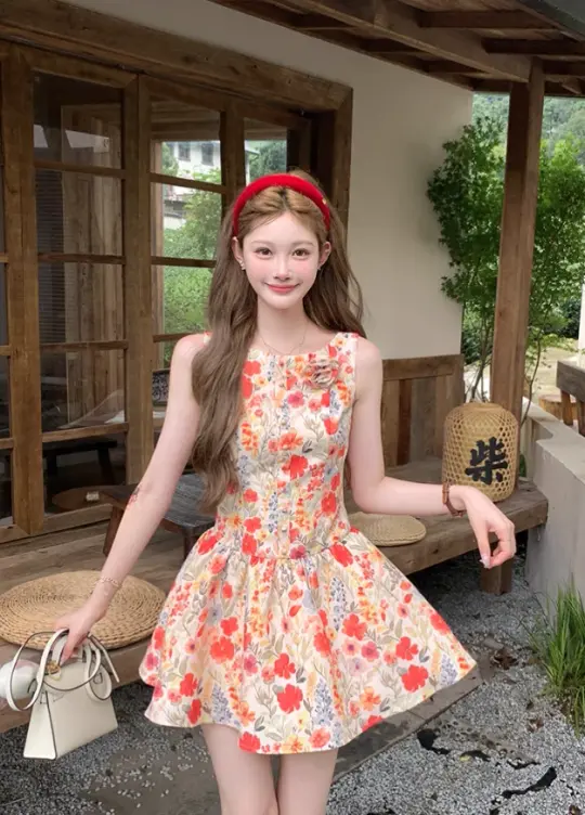 Printed waist suspender dress French retro skirt R4947