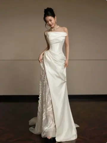 French Chic Ivory Mermaid Strapless with Lace Maxi Wedding Dress RS335