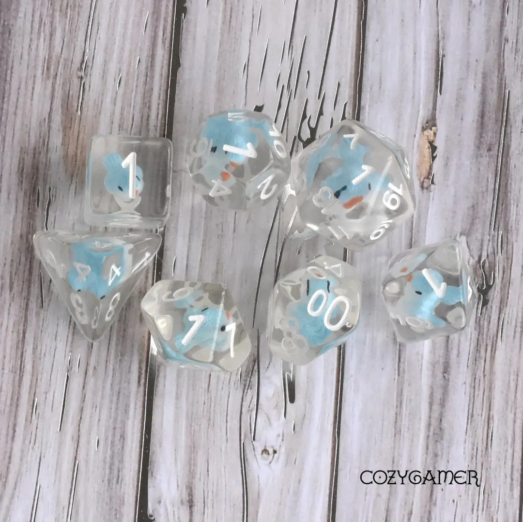 Robin Dice Set. Clear Resin with Tiny Blue Birds