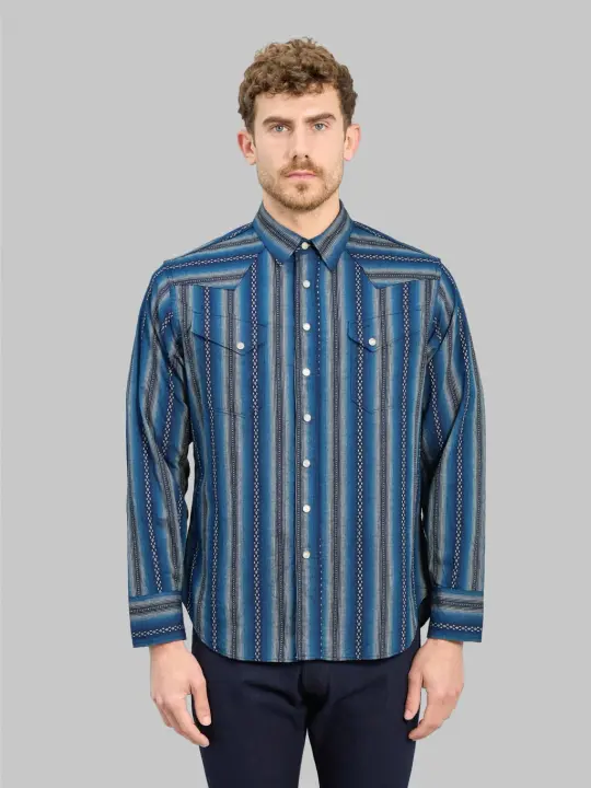 Sugar Cane Native American Dobby Stripe Western Shirt Indigo