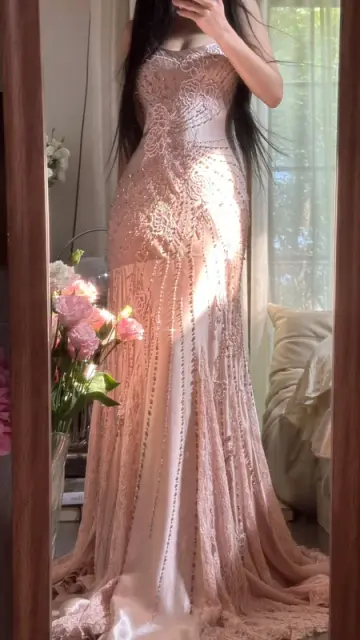 Light pink halter-neck fitted long ball gown with rhinestones - sexy and slimming R7786