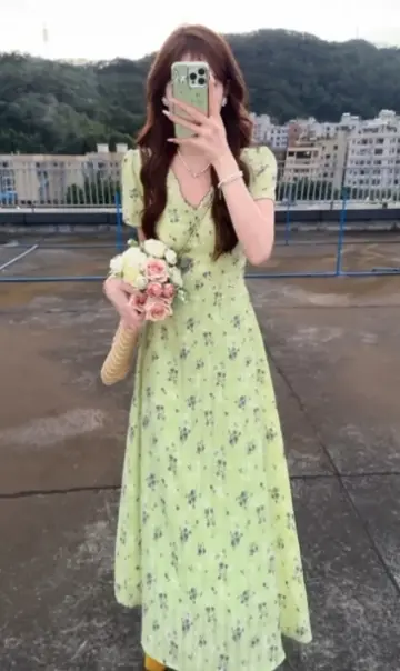 Gentle Soft Green Floral A-Line V-neck Corset Maxi Summer Dress RS543