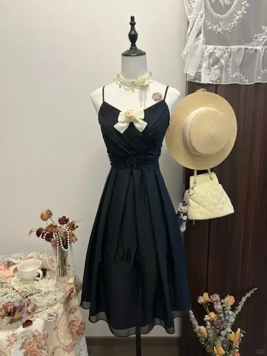 Black suspender low-cut sexy waist pleated slim long skirt homecoming dress R4362