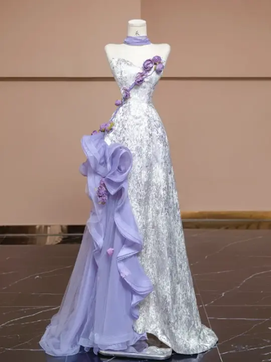 Light purple strapless 3D floral dress with a fitted waist and A-line skirt, a stylish ball gown/bridal gown R8287