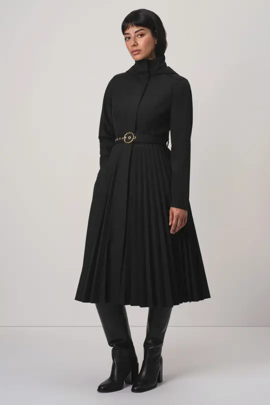 Fit and Flare Coat with A-Line Pleated Skirt for Spring in Black | Black Sway