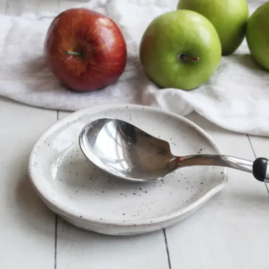 Large Handmade Spoon Rest in Natural Beige Glaze, Speckled Pottery Utensil Plate, Made in USA