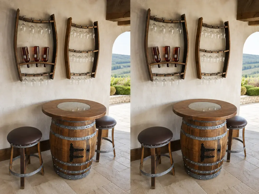 Whiskey & Wine Barrel Home Bar Set #2 — Bar Cabinet, Pub Table & Stools