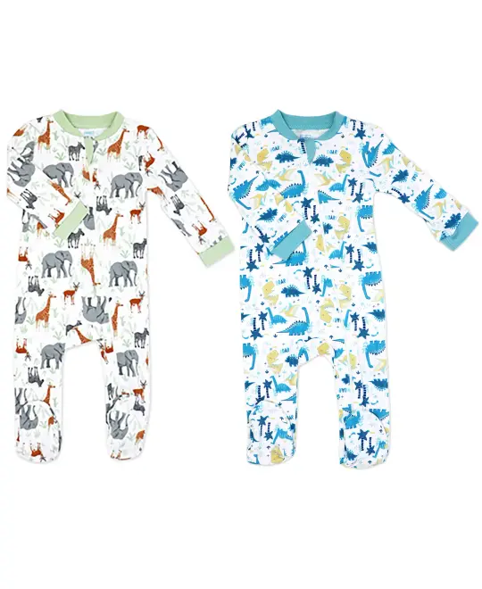Baby Mode Baby Boys and Baby Girls 2 Pack Zippered Footies, Dino & Safari, 3-6M