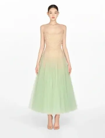 Beige halter top with gradient light green elegant long skirt for homecoming dress R4852