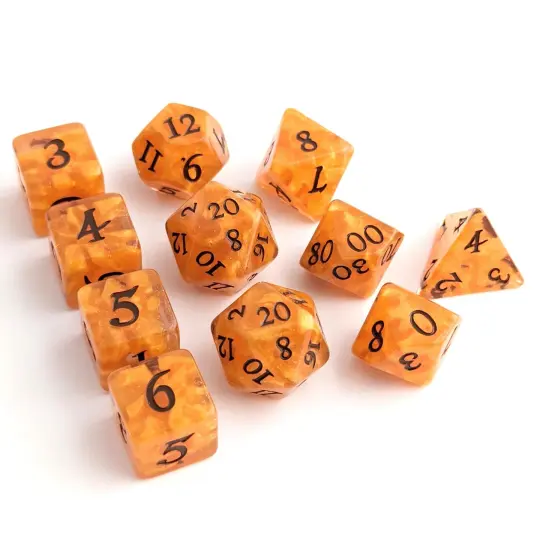 Pumpkin Dice Set – 11-Piece Orange Shimmer DnD Dice with Extra D20 & D6s | Fennek & Finch
