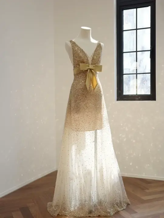 Gold V-neck fitted sequined long ball gown, perfect for a sexy bridal gown R8484