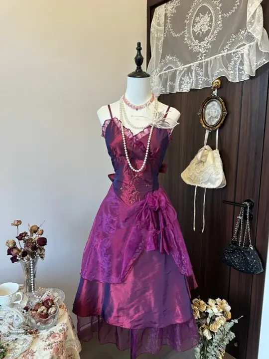 Dark purple suspenders, slim waist, slimming, A-line, charming short skirt, homecoming dress R4249