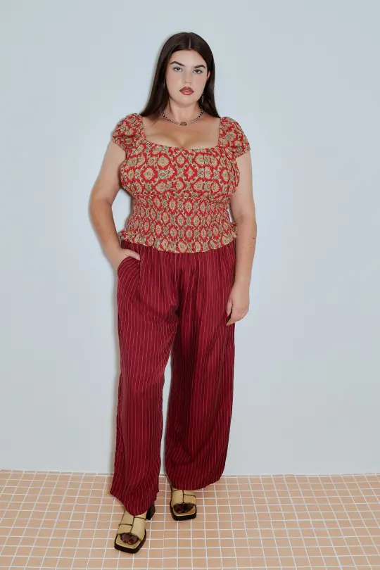 Tencel Stripe Lazy Pants Maroon