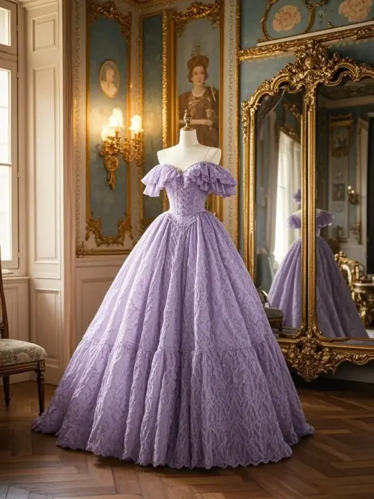 Light purple off-the-shoulder waist-cinching slim-fit ballgown prom dress R7936
