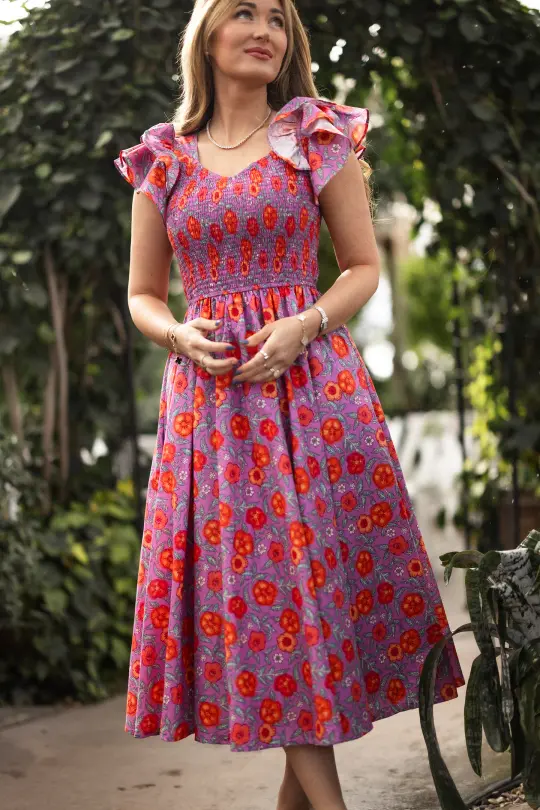 Hattie Dress in Thistle Flower Poppy Woodblock