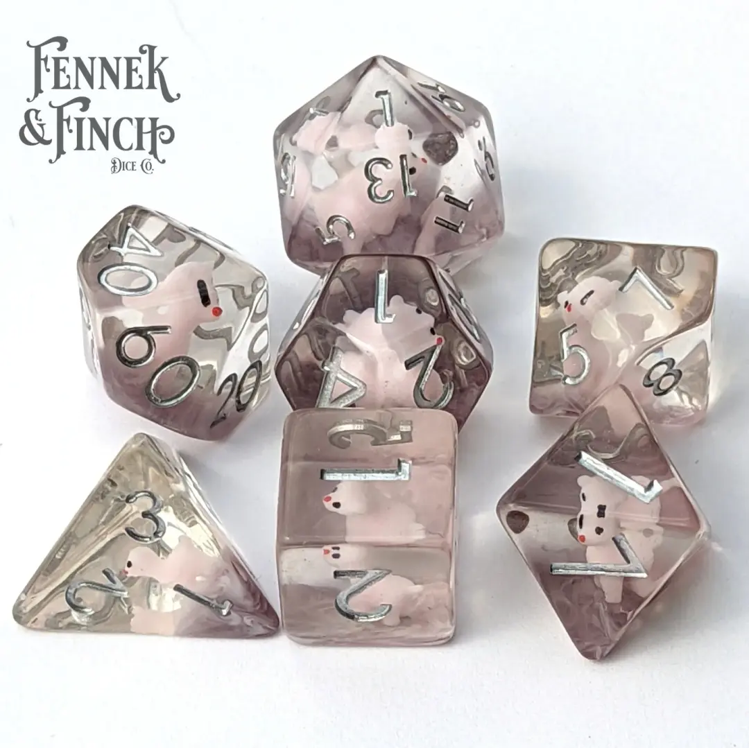 Pink Llama Dice Set – 7-Piece Purple Resin Tiny Animal DnD Dice