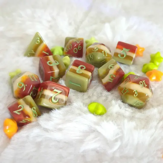 Autumn Arbor Dice Set – 11-Piece Fall Layered DnD Dice | Green Font | Fennek & Finch