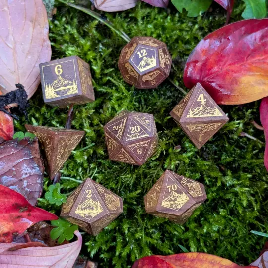 Everwild Rosewood Dice Set – Mountains & Forest Engravings with Gold Paint Fill (7-Piece)