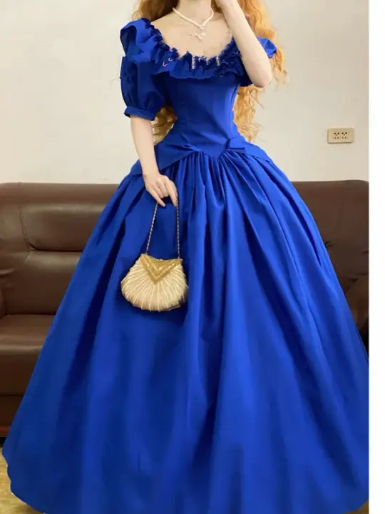 Blue Elegant Waist-Cinched Puffball Skirt Floor-Length Ball Gown, Bridal Gown R7348