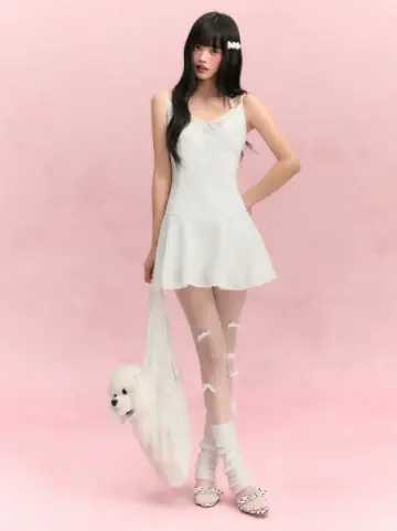 White Halter Mini Dress with Lace V-Neck, Beaded Straps, Smocked Back and Flared Skirt R9254