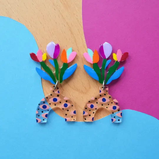 Eye Patterned Vase Earrings with Colorful Tulips