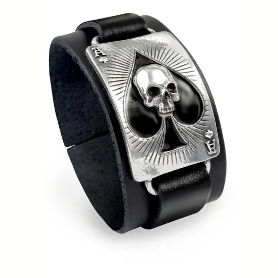 Men’s Ace of Dead Spades Bracelet in Black Leather & Pewter