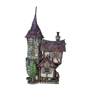 Fully painted 28mm 3D-printed tower cottage with purple spire — tabletop RPG terrain for D&D, Pathfinder & wargaming