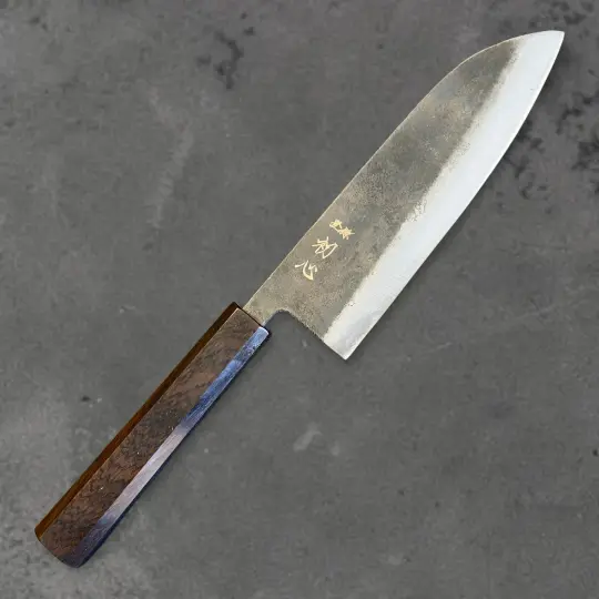 Hatsukokoro Kurogane Blue #2 Kurouchi Santoku 165mm – Ebony Handle