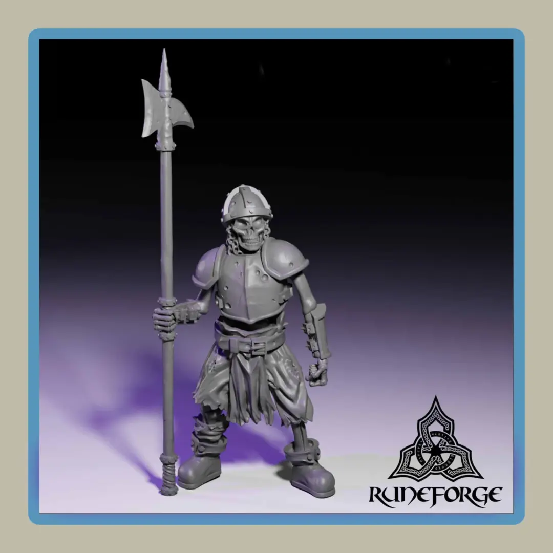 render of 28mm miniature undead armored skeleton with 2H halberd
