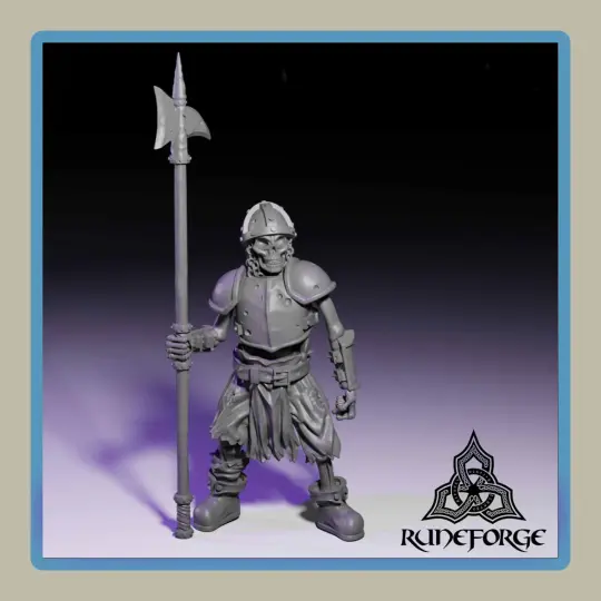 render of 28mm miniature undead armored skeleton with 2H halberd