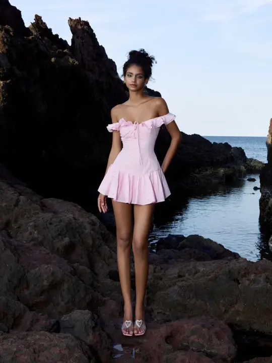 Pink ruffled one-shoulder waist slim short skirt homecoming dress R2946