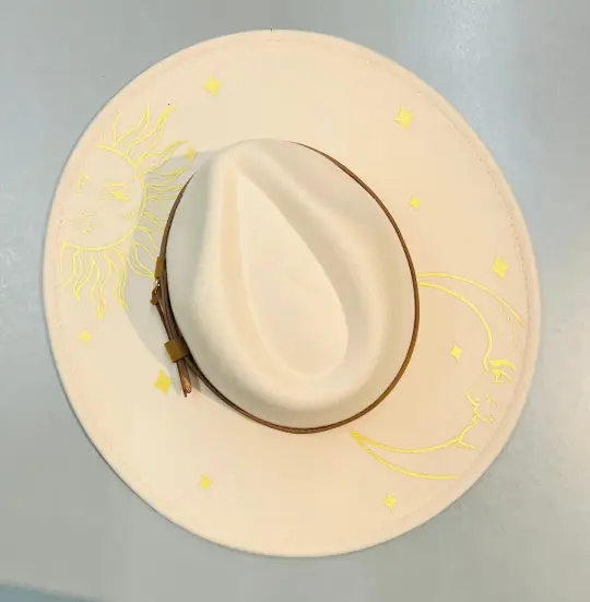 Cream Golden Sun & Moon Vegan Felt XL Wide Brim Hat