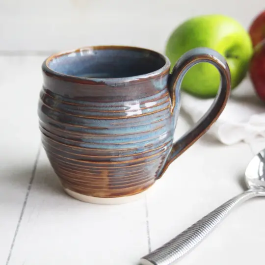 Earthy Blue and Amber Brown Mug, 12 Ounce Handcrafted Pottery Mug, Made in USA