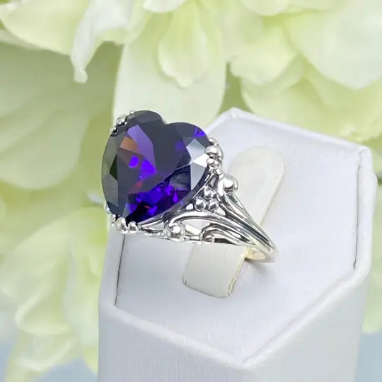 Purple Amethyst CZ Heart Ring, Size 9, Art Deco Jewelry Design#D213 - Ready to Ship