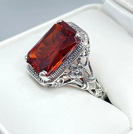 Garnet CZ Art Nouveau Ring, Size 6, Vintage Style Jewelry, Design#D64 - Ready to Ship