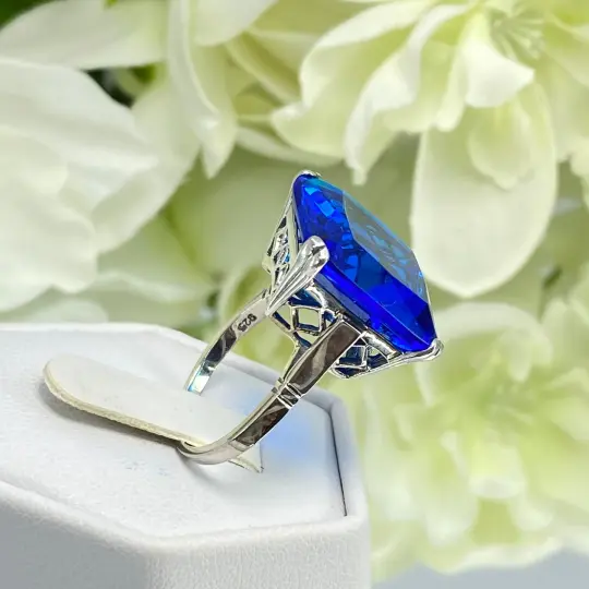 Blue Sapphire Ring, Size 8, 20ct Big Huge Square Gem, Vintage Jewelry #D1 - Ready to Ship