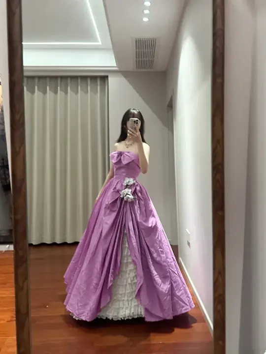 Pinkish-purple strapless, fitted waist, full skirt, long ball gown R8851