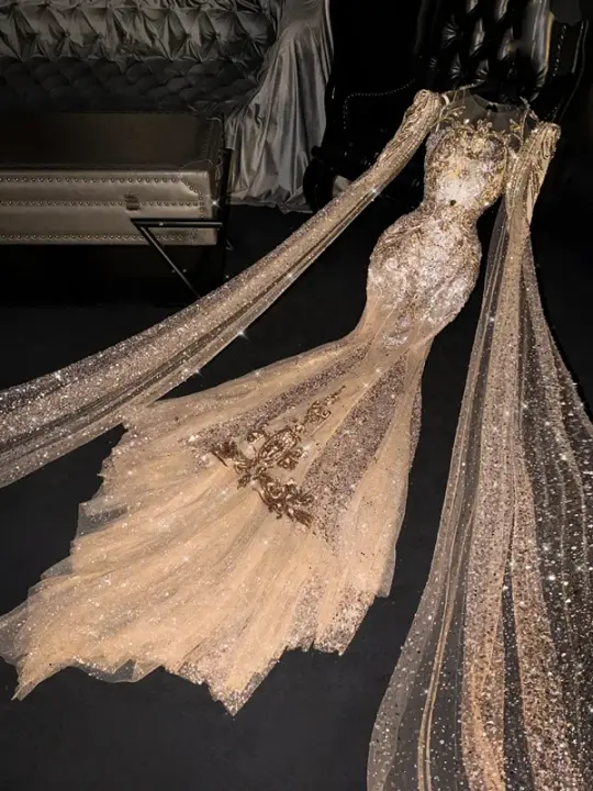 Gold sequined, fitted, bodycon, long, sexy ball gown/bridal dress R8703